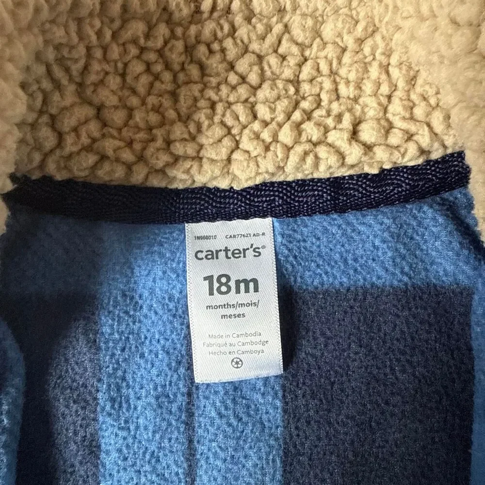Carter’s Baby Fleece Vest Blue Buffalo Plaid Sherpa Collar Zip-Up Size 18M